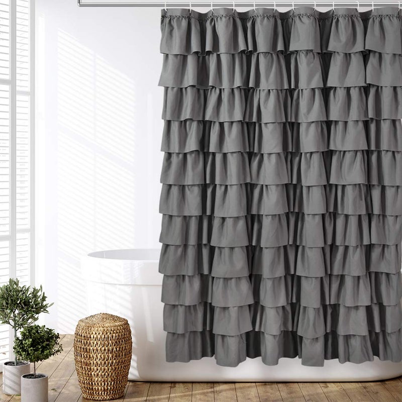 WestWeir Ruffle Shower Curtain,84-inches Extra Long,Grey Ruffled Bath Curtains for Bathroom,Fabric Farmhouse Decor,Soft Touch Decorative Cloth Texture,(72 inch Wide,1 Panel) - Image 5